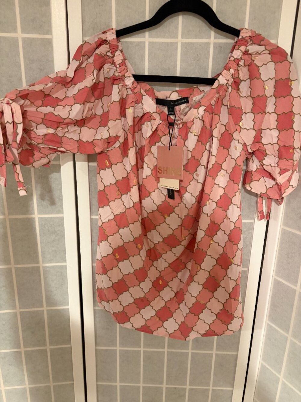 Harvé Benard Pink Geometric Puff Sleeve Blouse - Size Small (NWT)